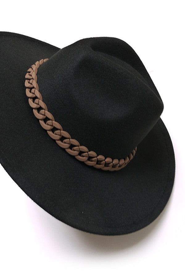 WIDE BRIM FEDORA HAT WITH MATTE CHAIN 40HW014