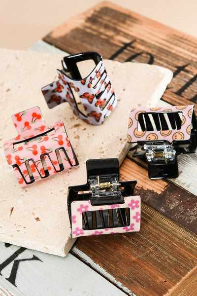 TRENDY PREMIUM HAIR CLAW CLIP - SMILEY, FLOWER, CHERRY, COW, BUTTERFLY | 40H479