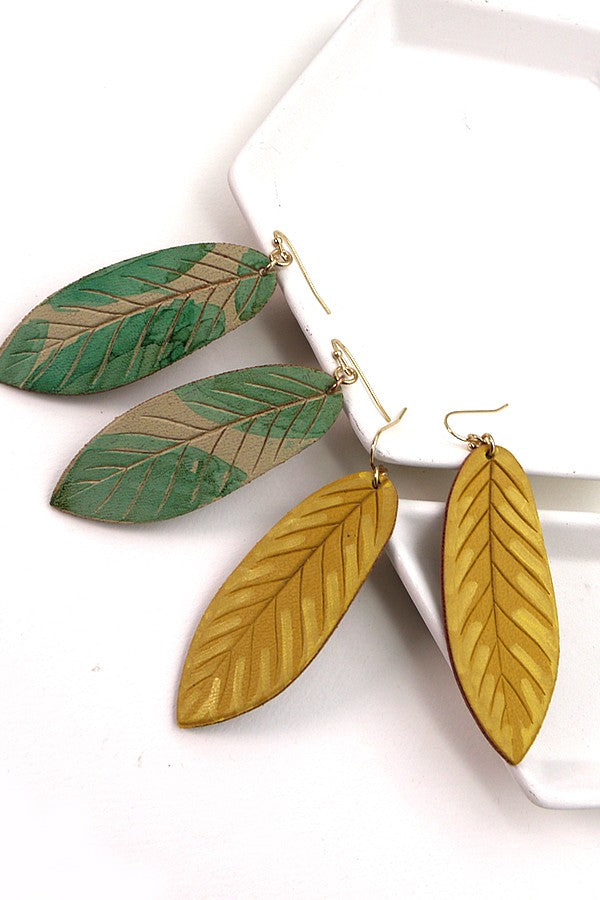 BOHO GENUINE LEATHER LEAF DROP EARRINGS | 52E2110906
