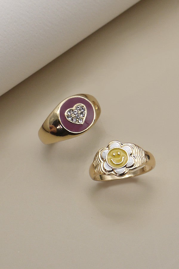 SMILEY FLOWER RHIESTONE HEART DUO RING | 31R22151