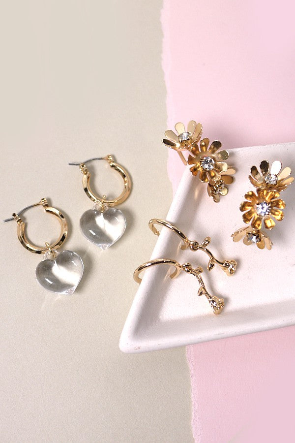 MINI HOOP TRIO FLOWER HEART EARRINGS | 80E309
