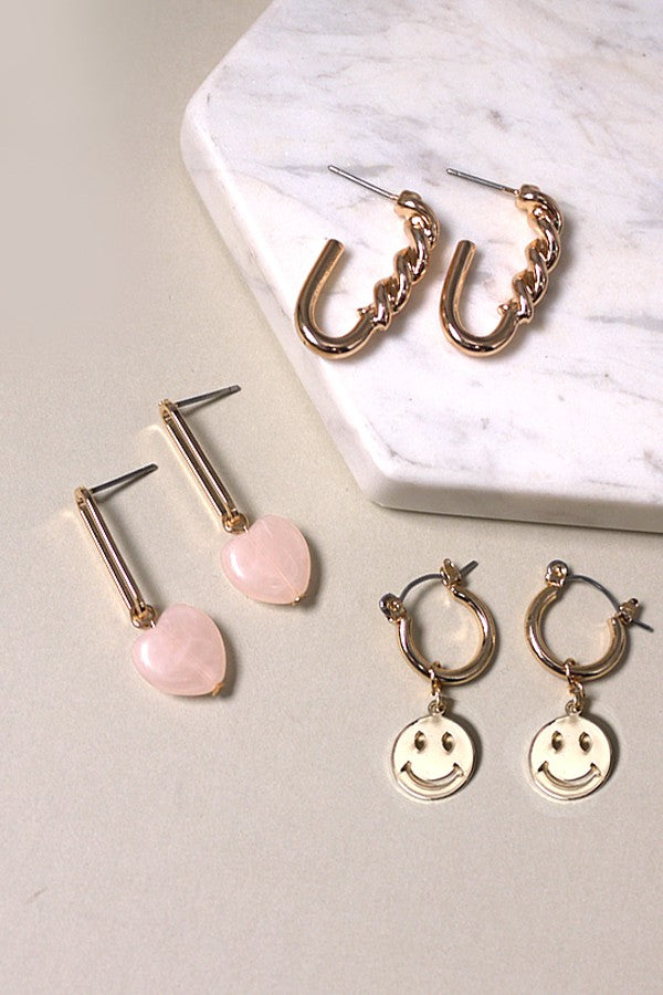 MINI HOOP TRIO SMILEY HEART HUGGIE EARRINGS | 80E378