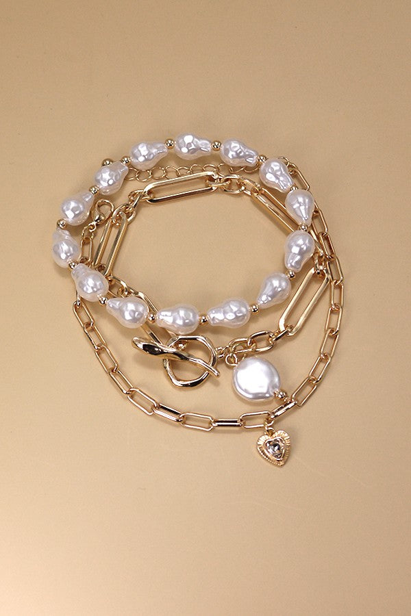 3 ROW PEARL LINK TOGGLE PAPER CLIP BRACELET | 10B3032414
