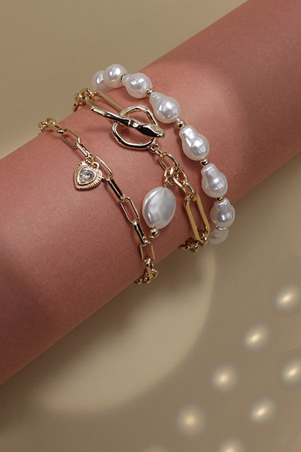 3 ROW PEARL LINK TOGGLE PAPER CLIP BRACELET | 10B3032414
