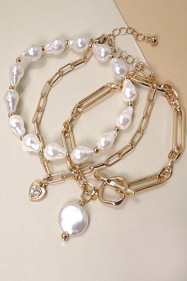3 ROW PEARL LINK TOGGLE PAPER CLIP BRACELET | 10B3032414
