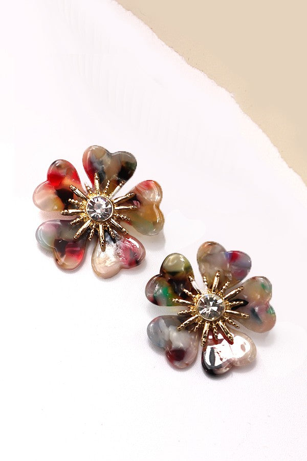 RESIN RHINESTONE FLOWER STUD EARRINGS| 80E735