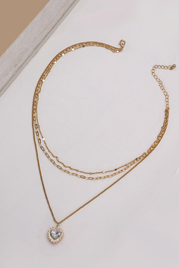 TRIPLE LAYER HEART RHINESTONE PENDANT NECKLACE | 31N23142