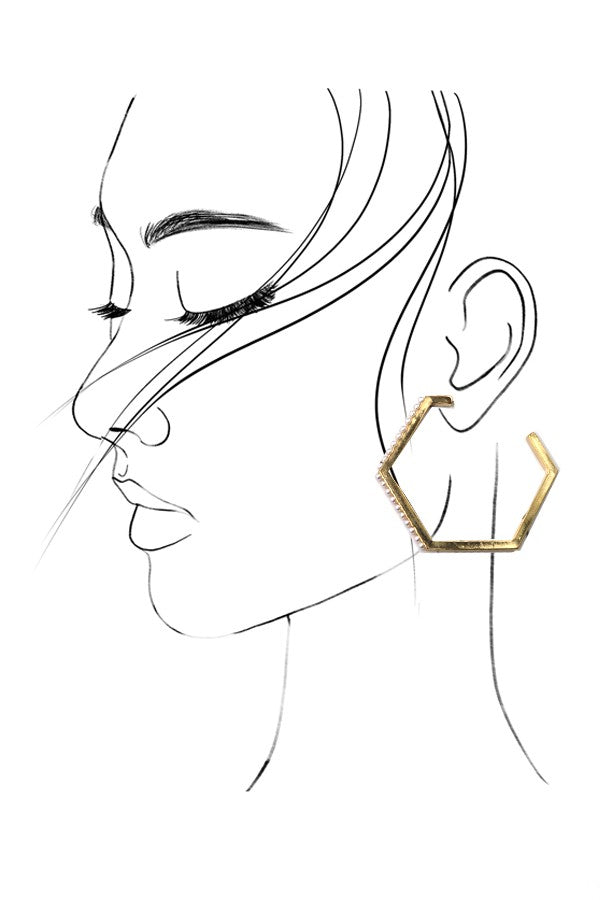 HEXAGON PEARL HOOP EARRINGS 2 inch | 31E03592
