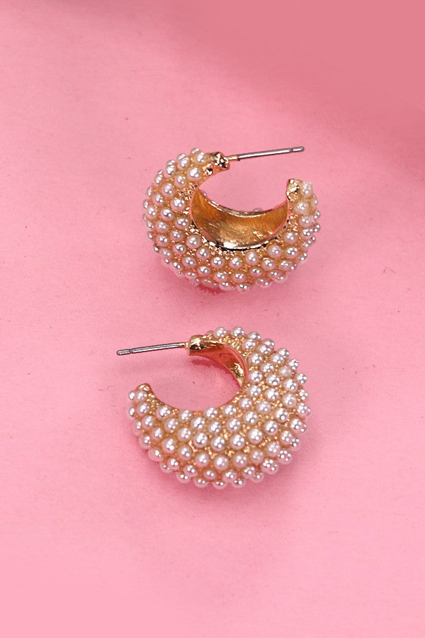 PEARL PAVE GOLD HALF MOON HUGGIE HOOP EARRINGS | 80E1513