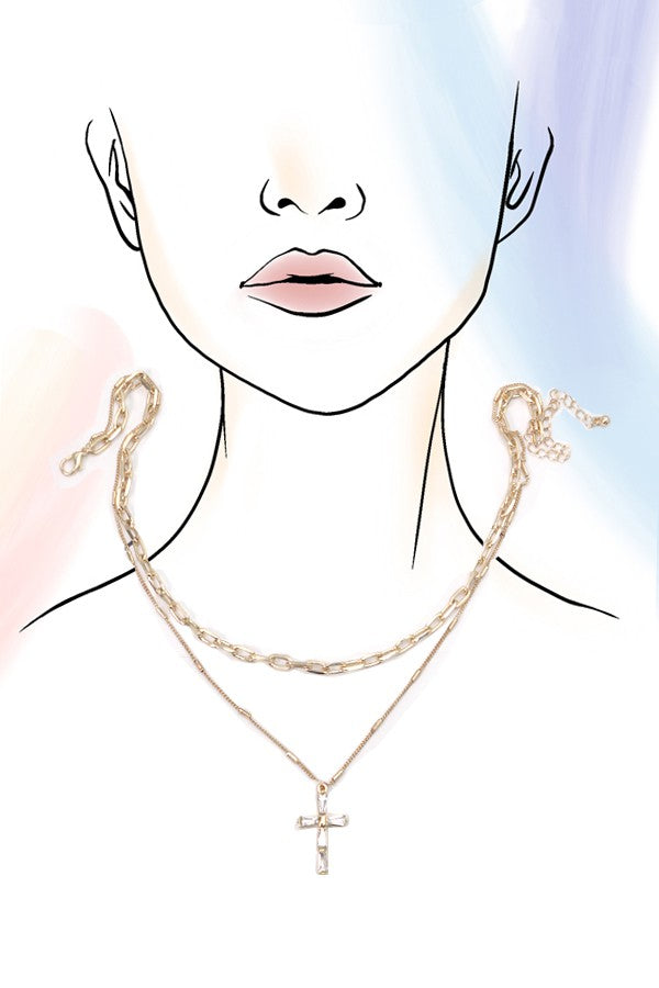 LAYERD GOLD CHAIN WITH RHINESTONE STYLE CROSS | 80N317