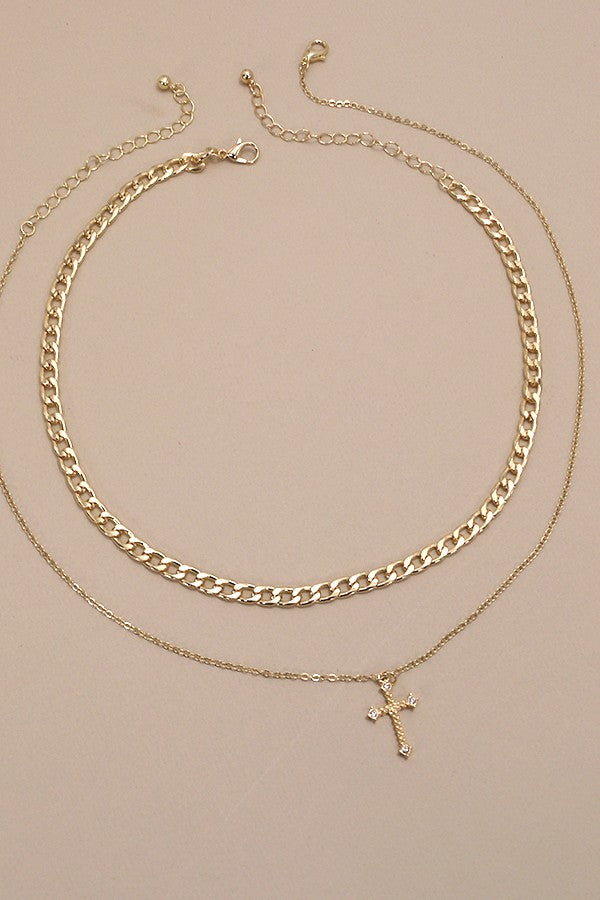 DOUBLE LAYER CROSS CHARM PENDANT NECKLACE | 80N492