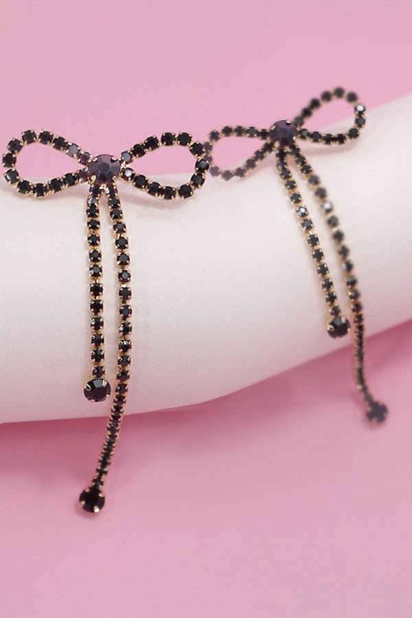 LONG DROP BLACK DIAMOND GLASS BOW EARRINGS | 31E24446