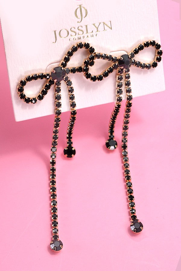 LONG DROP BLACK DIAMOND GLASS BOW EARRINGS | 31E24446