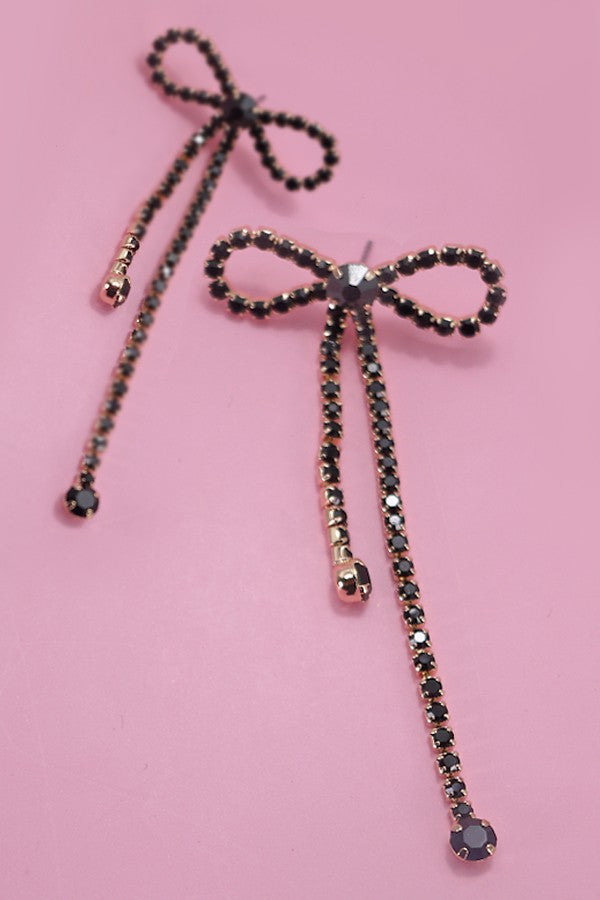 LONG DROP BLACK DIAMOND GLASS BOW EARRINGS | 31E24446