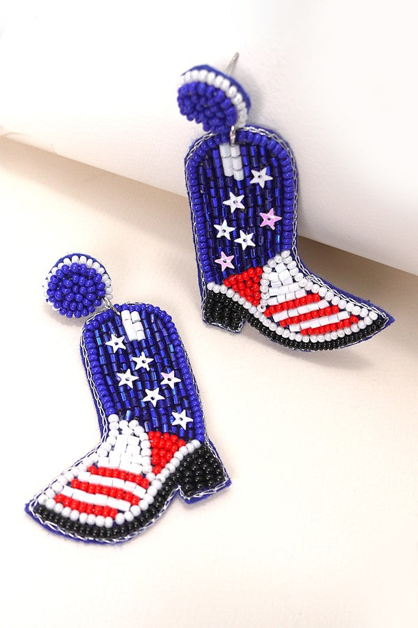 4TH OF JULY SEEDBEAD BOOT FLAG DROP EARRINGS | 91E115277