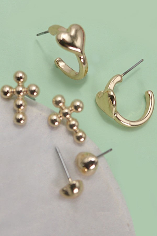 HEART CROSS  HUGGIE HOOP TRIO EARRINGS | 80E3421