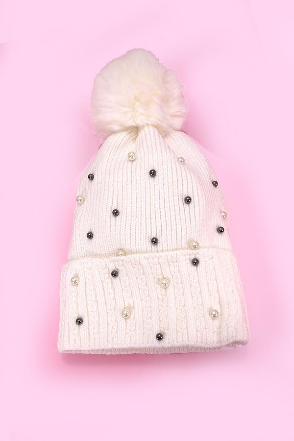 SEQUIN FAUX FUR POM POM BEANIE HAT | 40BN910