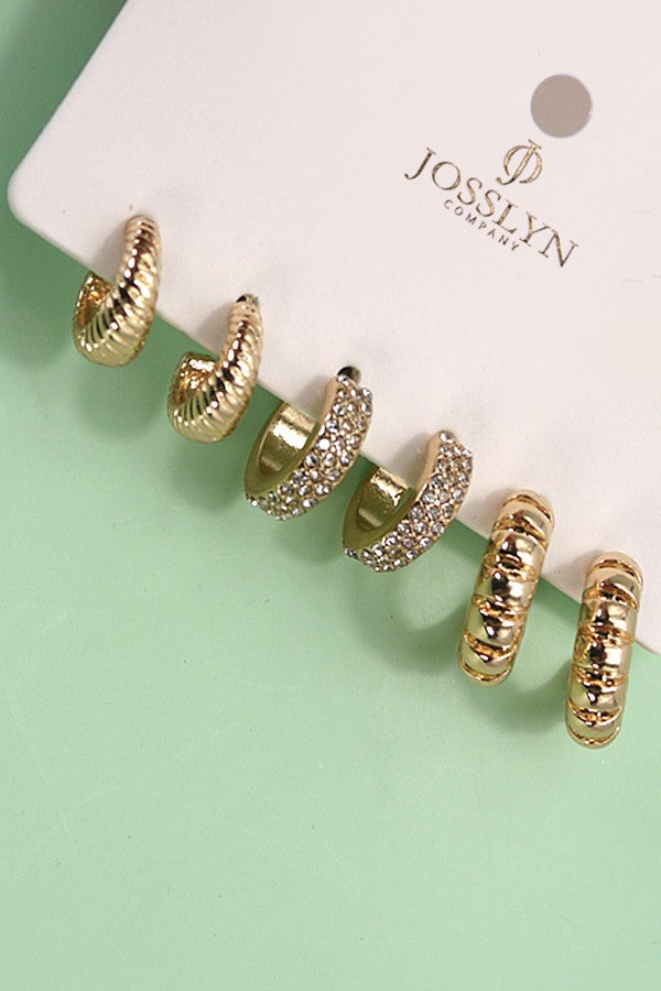 TRIO RHINESTONE TEXTURED HUGGIE HOOP EARRINGS | 80E5014
