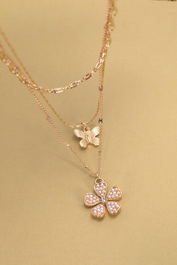 TRIO LAYERED BUTTERFLY FLOWER CHARM NECKLACE | 80N878
