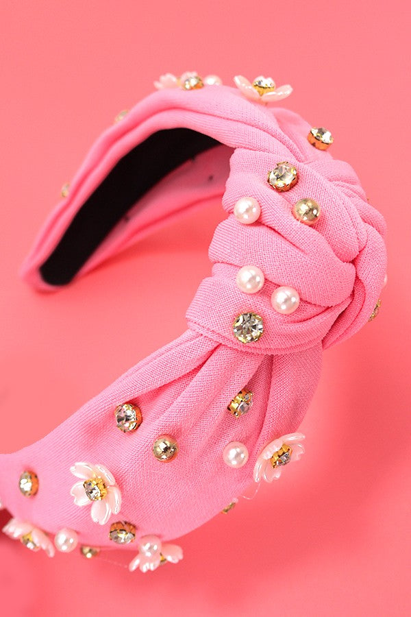 KNOTTED DAISY FLOWER PEARL HEADBAND HAIR BAND | 40HB157