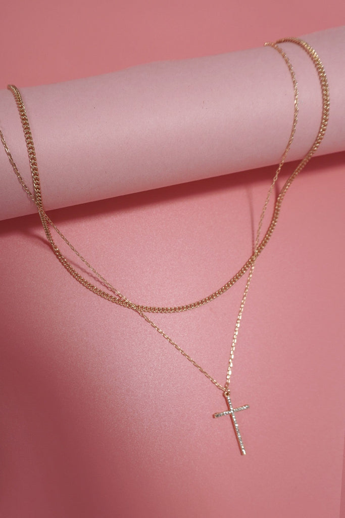 DOUBLE LAYER RHINESTONE CROSS CHARM NECKLACE | 80N1041