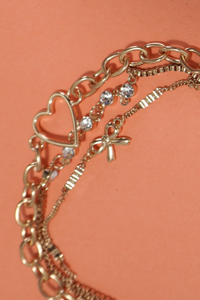 MULTI LAYER BOW HEART STATION RHINESTONE BRACELET | 80B237
