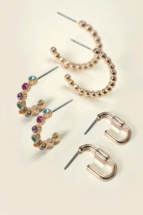 TRIO RHINESTONE BALL HUGGIE HOOP EARRINGS SET OF 3 | 80E5382