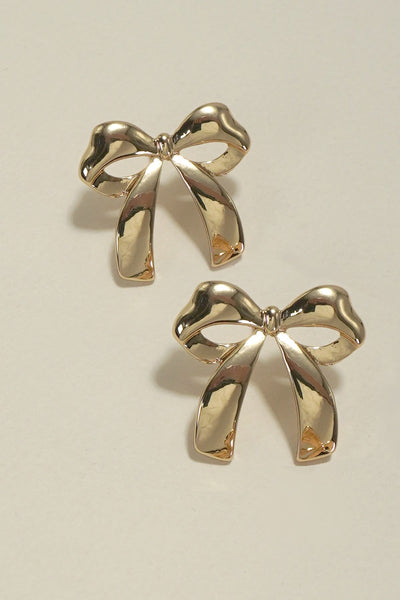 a162. 18k Non-tarnish Flat Bow Chain Stud Earrings Ribbon Bow Stud Flat Back Earring 14K Gold | Musemond main image 4
