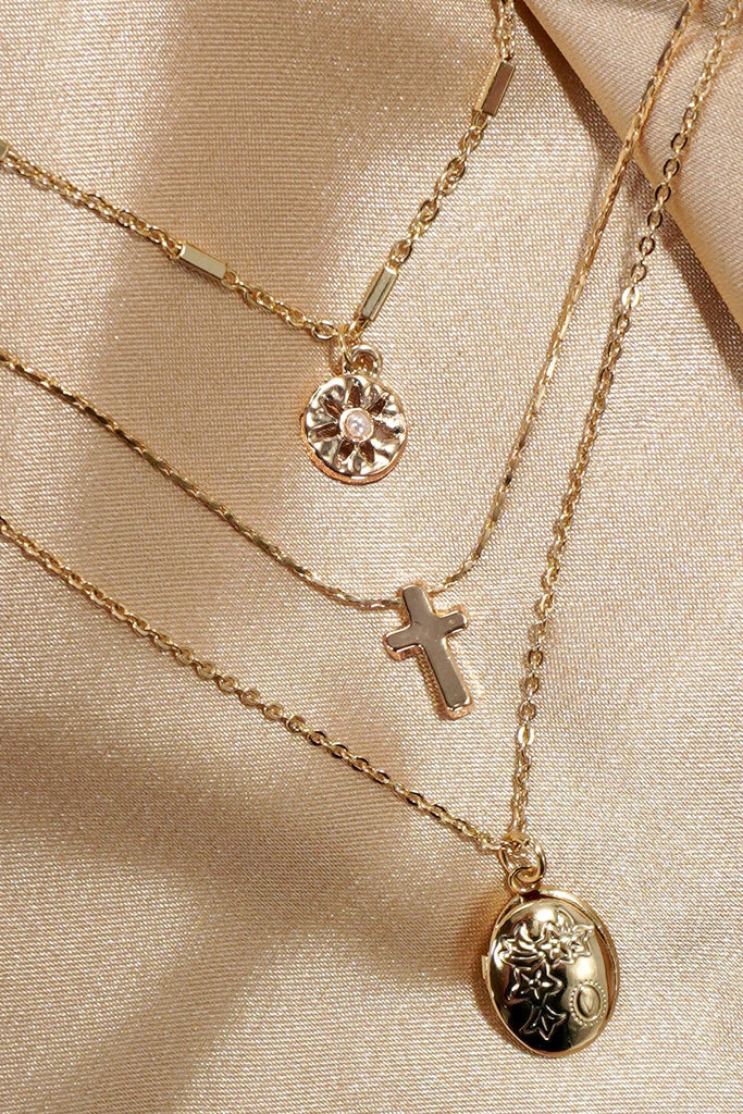 MULTI LAYER LOCKET CROSS CHARM NECKLACE | 80N1073