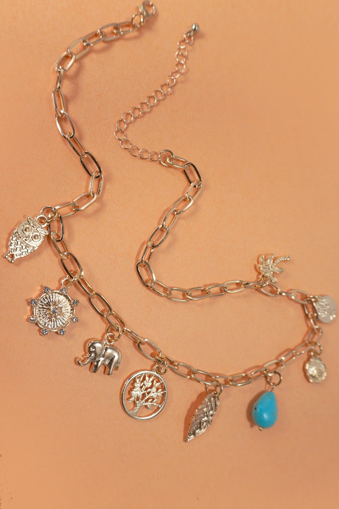 CHARM NECKLACE-TURQ TREE LEAF ELEPHANT | 40NK364