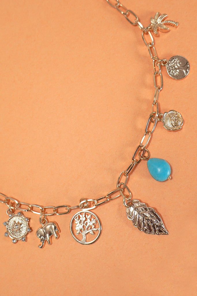 CHARM NECKLACE-TURQ TREE LEAF ELEPHANT | 40NK364