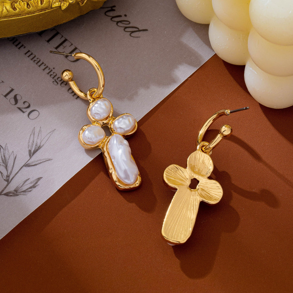 Elegant Pearl Cross Huggie Drop Earrings | 80E63380