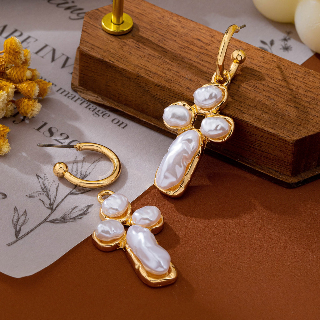 Elegant Pearl Cross Huggie Drop Earrings | 80E63380