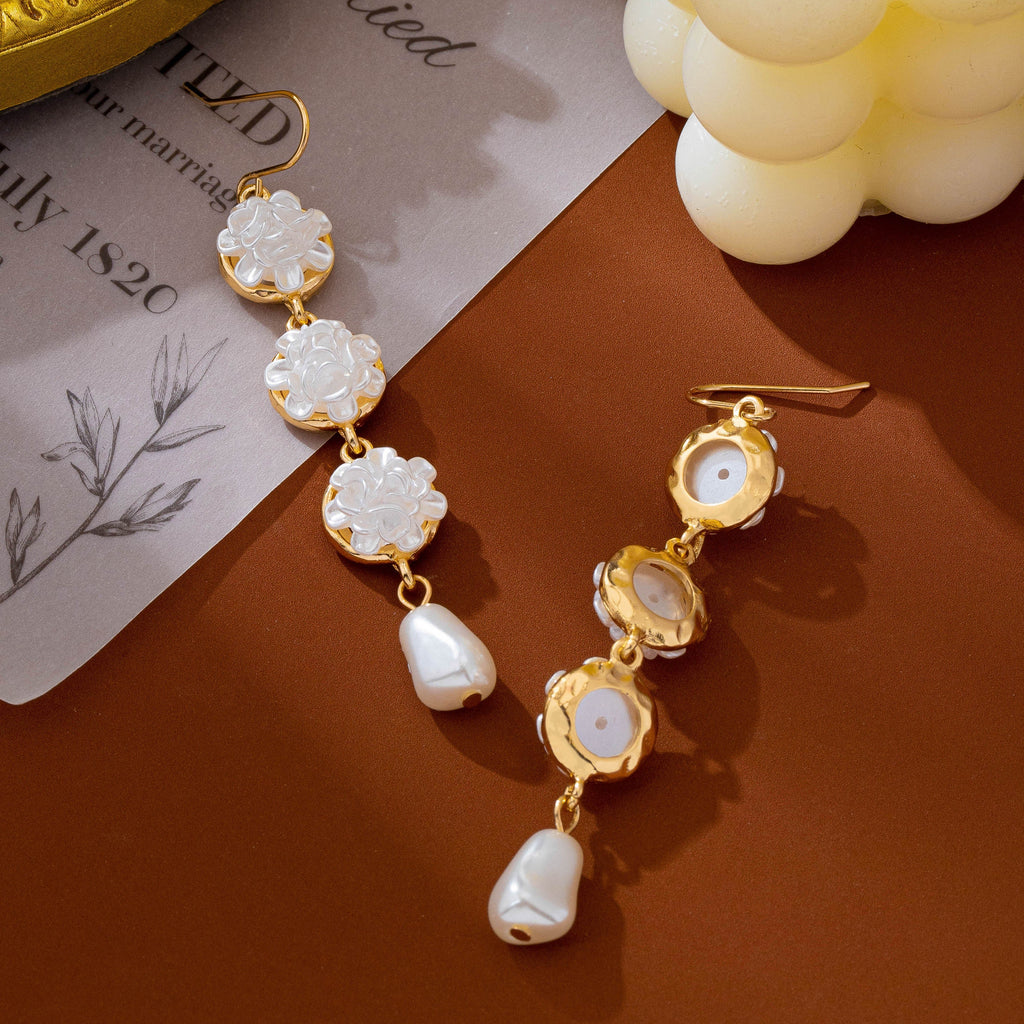 Carved Floral & Faux Pearl Linear Drop Earrings | 80E63366