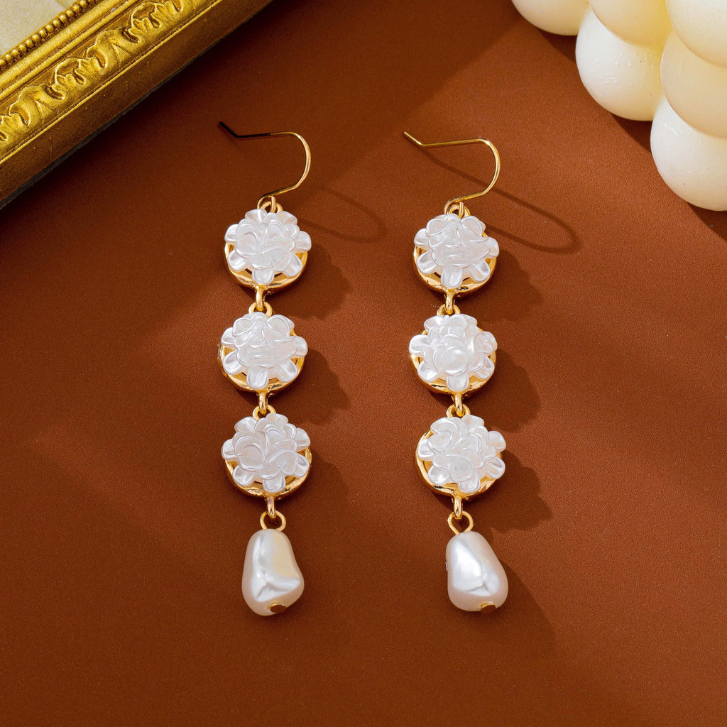 Carved Floral & Faux Pearl Linear Drop Earrings | 80E63366