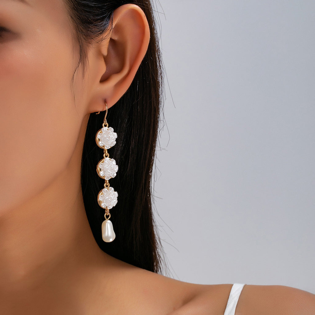 Carved Floral & Faux Pearl Linear Drop Earrings | 80E63366
