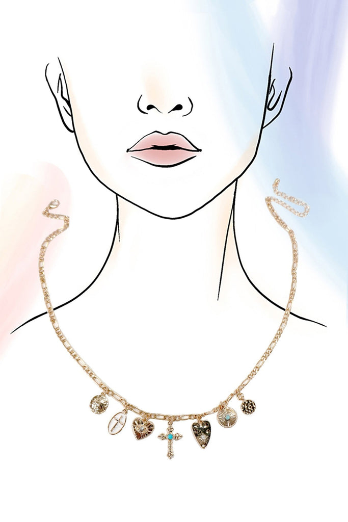 CHARM NECKLACE-MULTI CROSS HEART DISC CHARMS | 80N1194