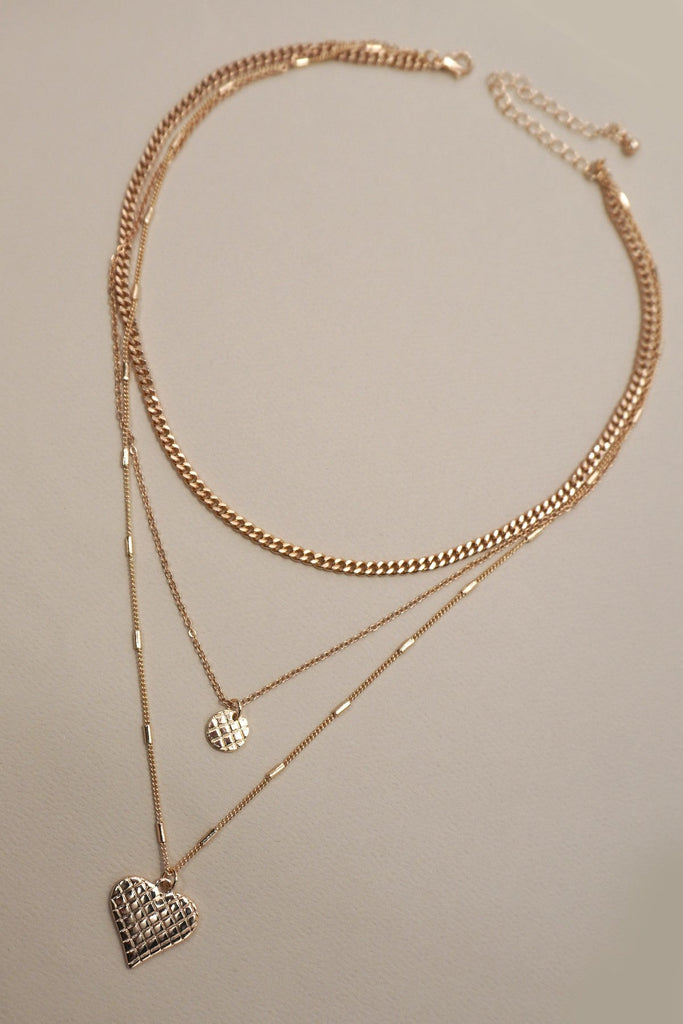 CHECKER ENGRAVED HEART CHARM LAYERED NECKLACE | 80N1294