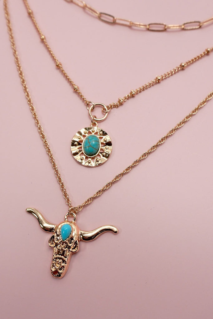 TURQ BULL HEAD CIRCLE PENDANT LAYERED NECKLACE | 80N1333