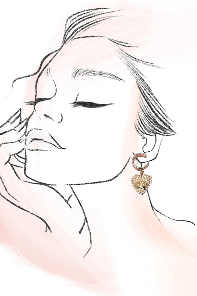 PEARL HEART CROWN DROP HUGGIE HOOP EARRINGS | 31E50030