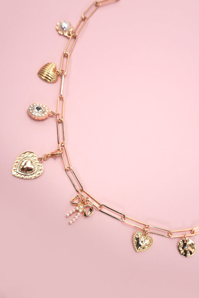 CHARM NECKLACE-BOW HEART PEARL LINK CHAIN | 80N91415