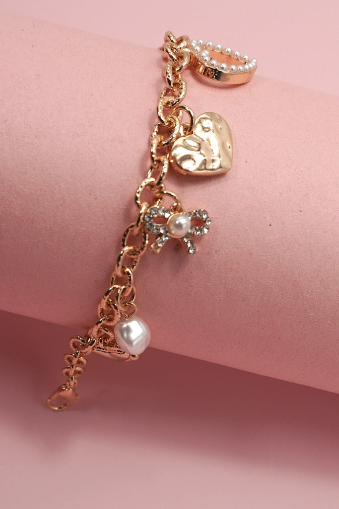CHARM BRACELET-BOW HEART PEARL DISC CHARMS | 80B1290