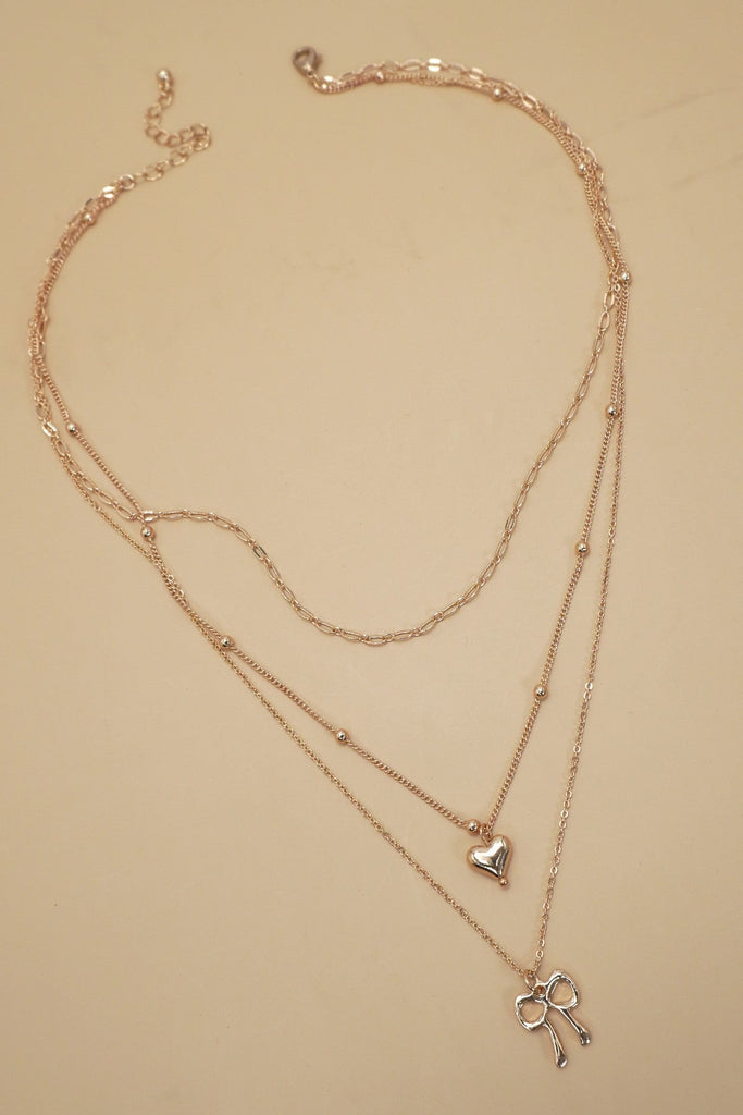 MULTI LAYER BOW HEART CHARM DROP NECKLACE | 80N91464