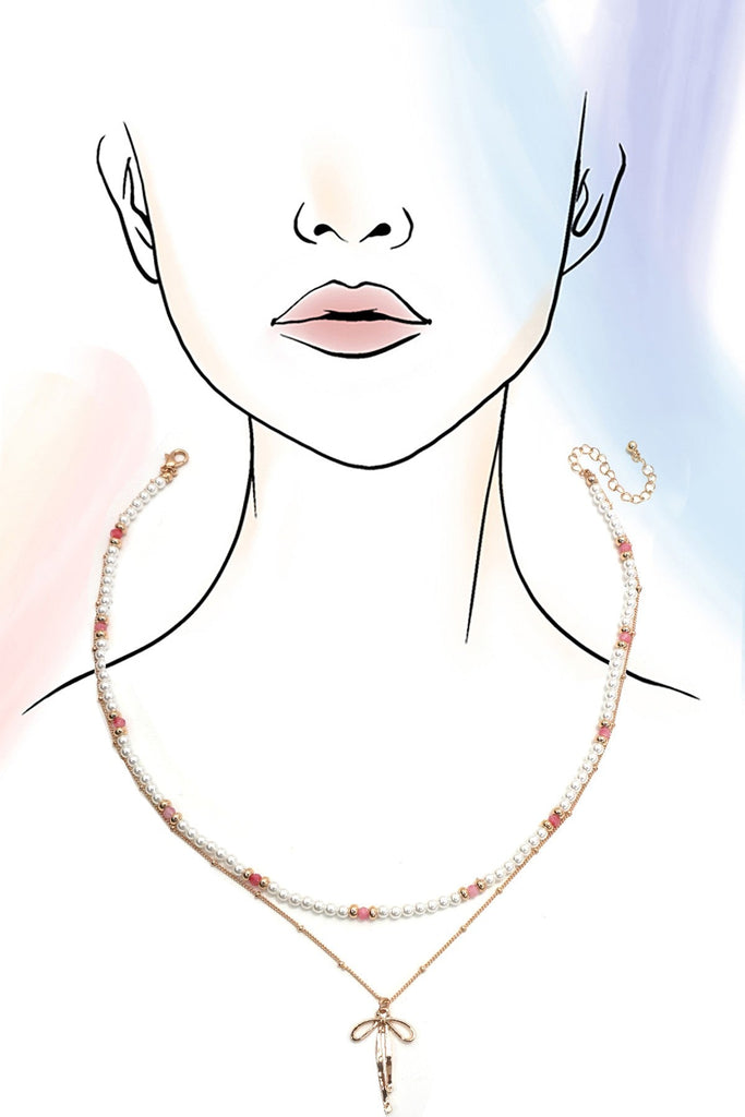 DOUBLE LAYER PEARL GOLD CHAIN BOW CHARM NECKLACE | 80N91473