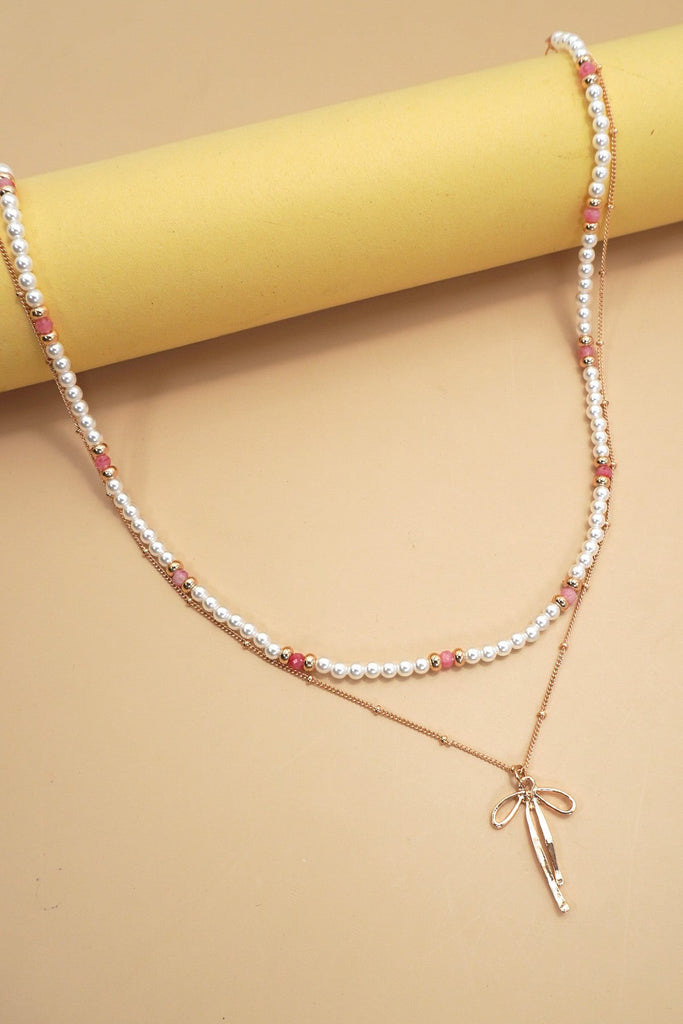 DOUBLE LAYER PEARL GOLD CHAIN BOW CHARM NECKLACE | 80N91473