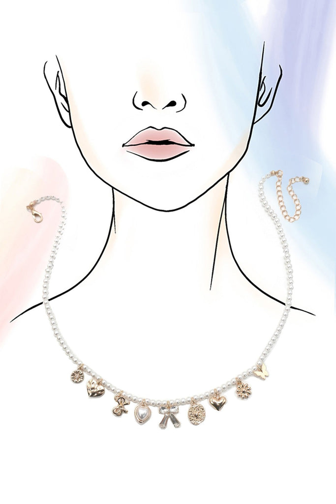 CHARM NECKLACE-BOW SUNFLOWER HEART PEARL CHAIN | 80N91452