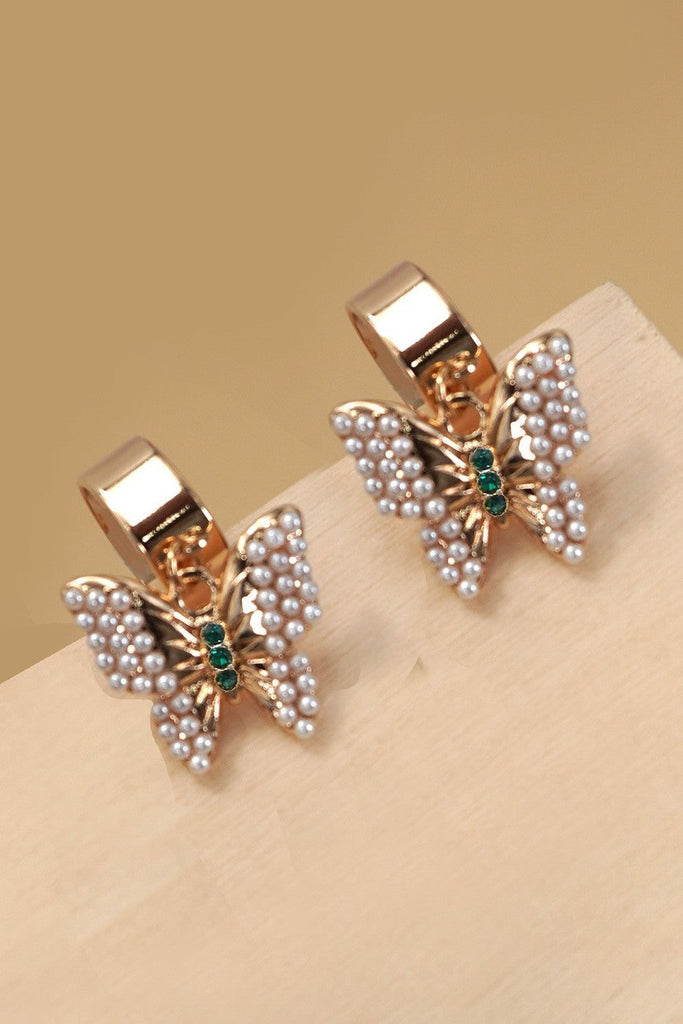 PEARL PAVE BUTTERFLY DROP HUGGIE HOOP EARRINGS | 31E50201