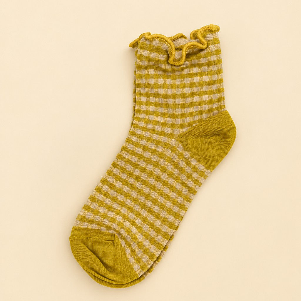 Vintage Gingham Plaid Lettuce Trim Crew Socks | 40S02098
