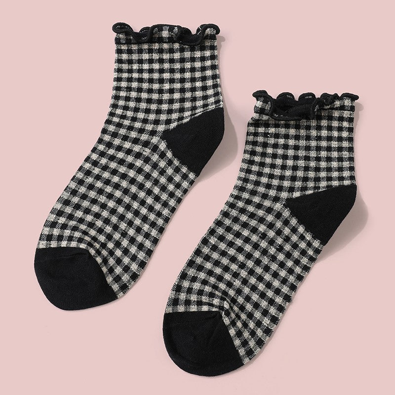 Vintage Gingham Plaid Lettuce Trim Crew Socks | 40S02098