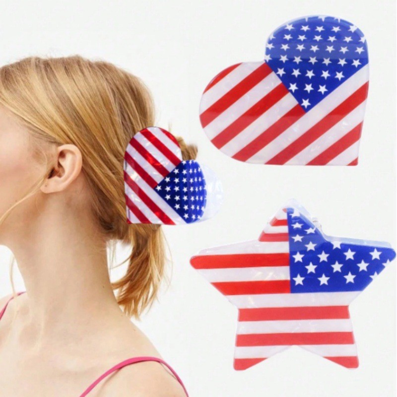 USA FLAG 4TH OF JULY STAR HEART HAIR CLAW CLIPS | 40H897
